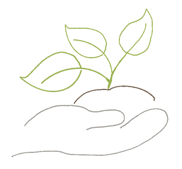 A hand-drawn open palm holding a small seedling.